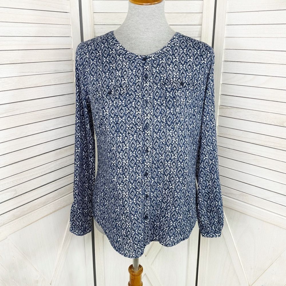 Cato Ikat Diamond Print Button Up Shirt Blue White Small Long‎ Sleeve